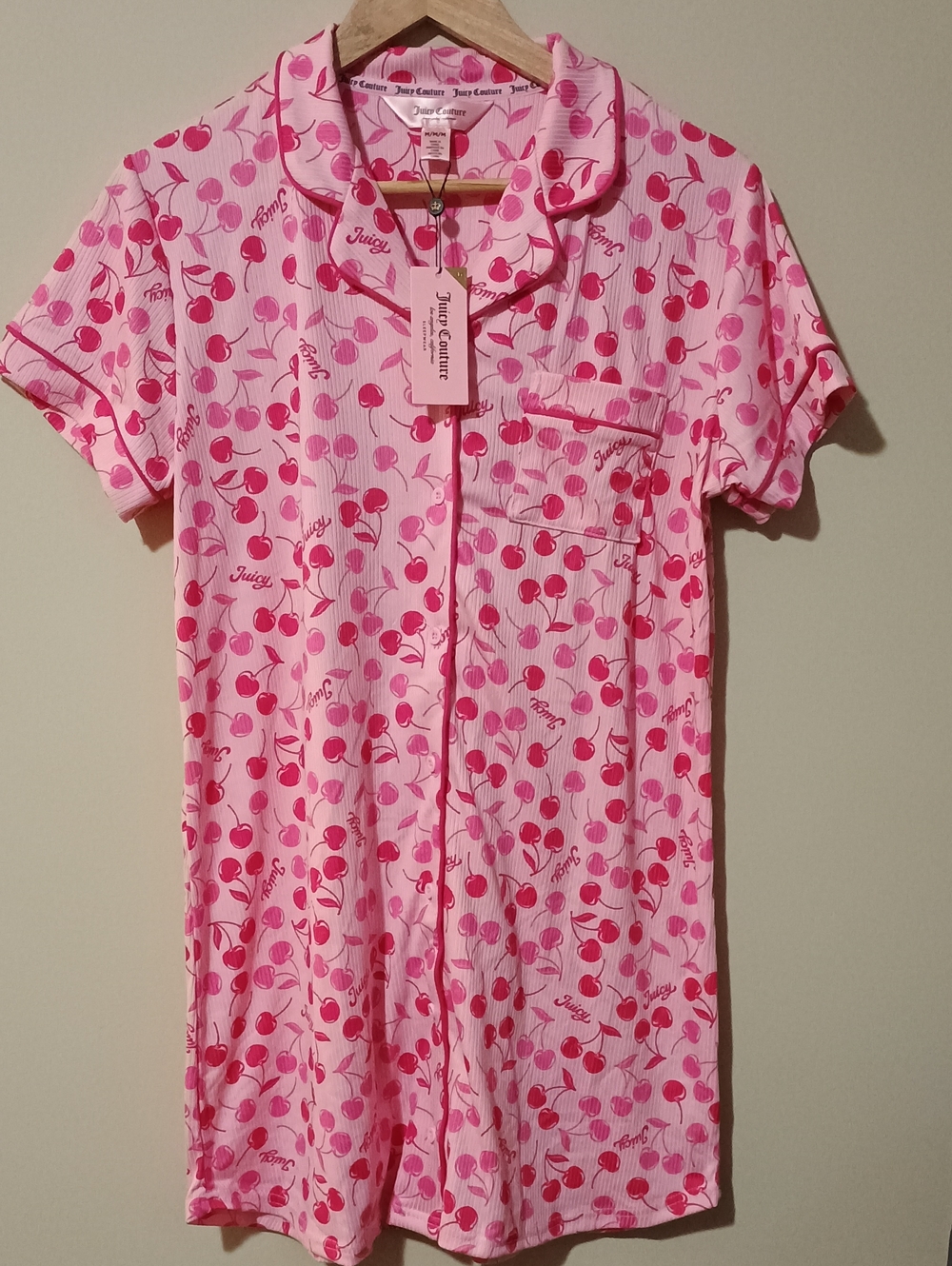 NWT Juicy Couture Sleepshirt JC Cherry Toss Pink Button Nightgown Size Medium